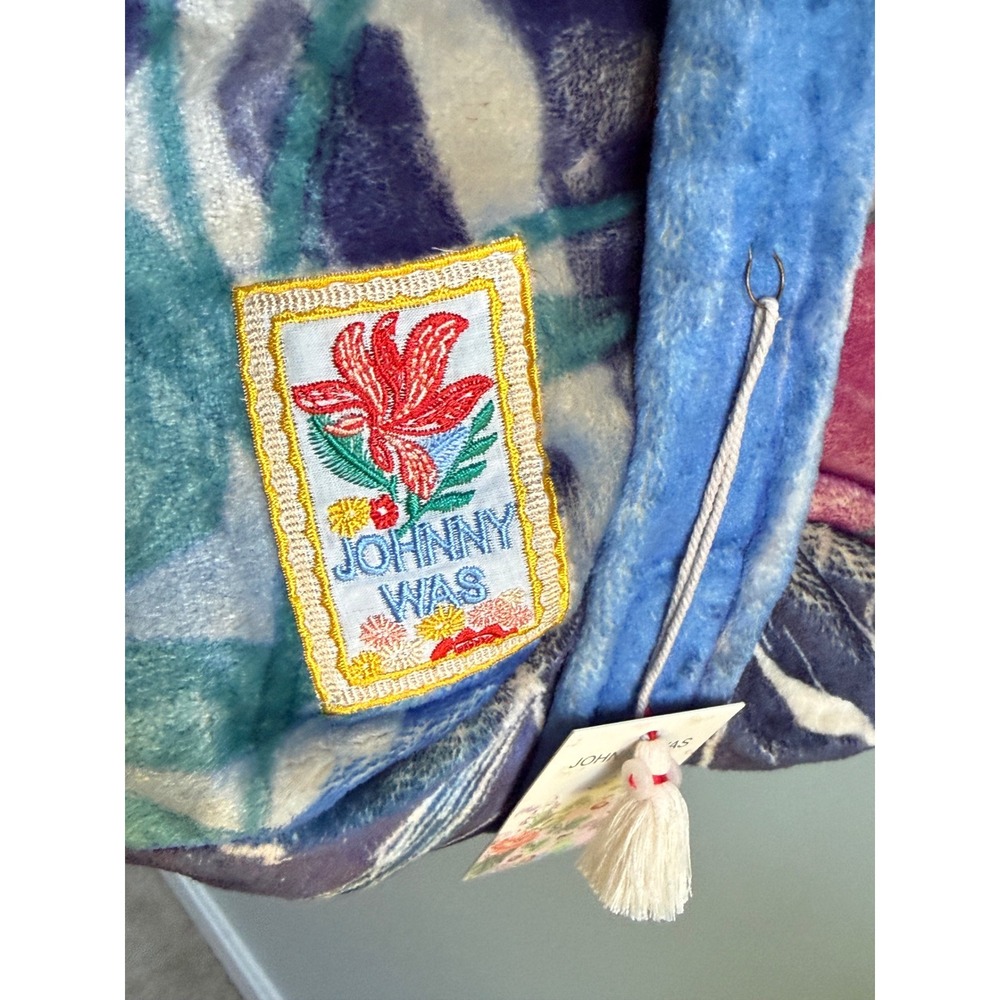Johnny Was Floral Velvet Drawstring Bag Blue Pink Plush Tassel NWT Boho Tote - Picture 1 of 3